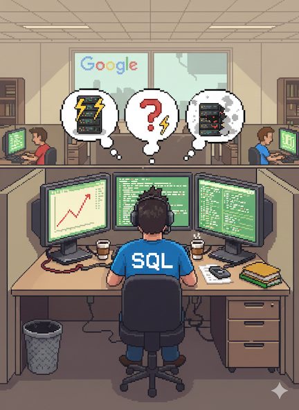 Pixel art of engineer at workstation with multiple monitors